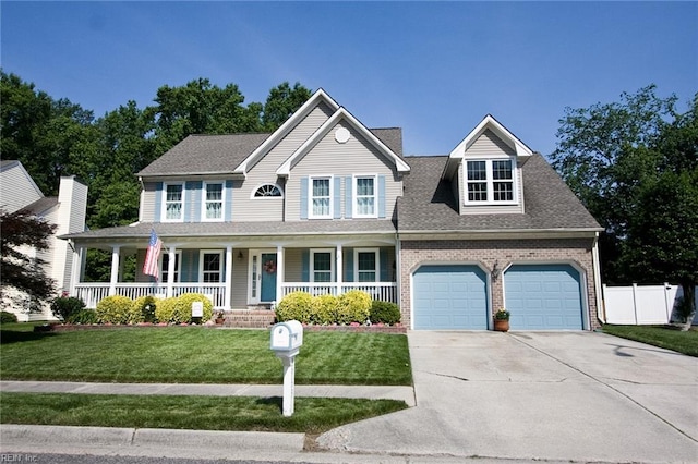 2933 Crossings Dr, Chesapeake, VA 23321 - colonial-style house featuring driveway, covered porch, a garage, brick siding, and a shingled roof