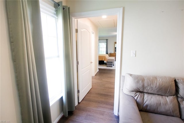 2933 Crossings Dr, Chesapeake, VA 23321 - hallway with attic access and wood finished floors