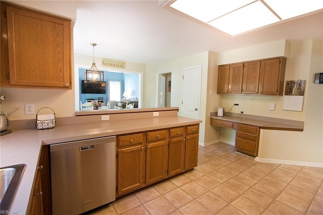 2933 Crossings Dr, Chesapeake, VA 23321 - kitchen with dishwasher, a peninsula, brown cabinets, light countertops, and a sink