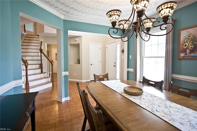 2933 Crossings Dr, Chesapeake, VA 23321 - dining space with a chandelier, ornamental molding, stairway, and baseboards