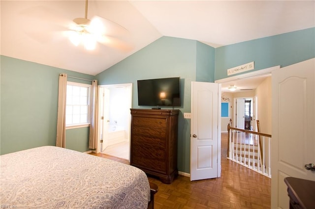 2933 Crossings Dr, Chesapeake, VA 23321 - bedroom featuring lofted ceiling, ensuite bath, and a ceiling fan