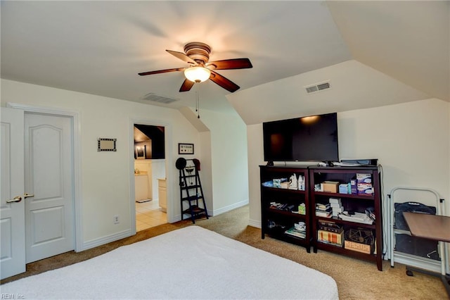 1813 Taft Rd, Chesapeake, VA 23322 - bedroom with carpet, vaulted ceiling, baseboards, connected bathroom, and a ceiling fan