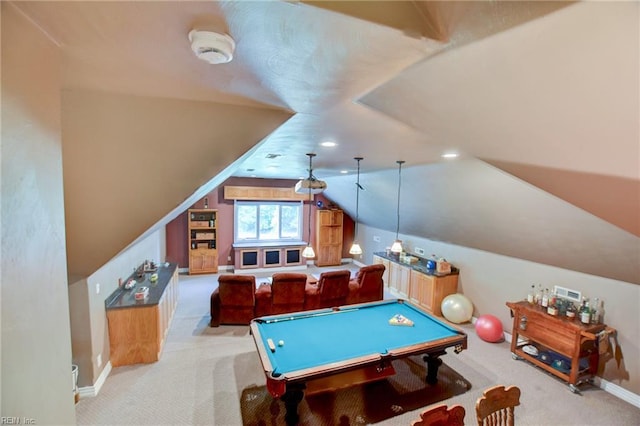 1813 Taft Rd, Chesapeake, VA 23322 - playroom with light colored carpet, vaulted ceiling, baseboards, and billiards table