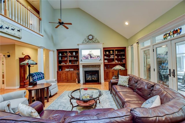 1813 Taft Rd, Chesapeake, VA 23322 - living room featuring wood finished floors, high vaulted ceiling, a fireplace with flush hearth, a ceiling fan, and recessed lighting