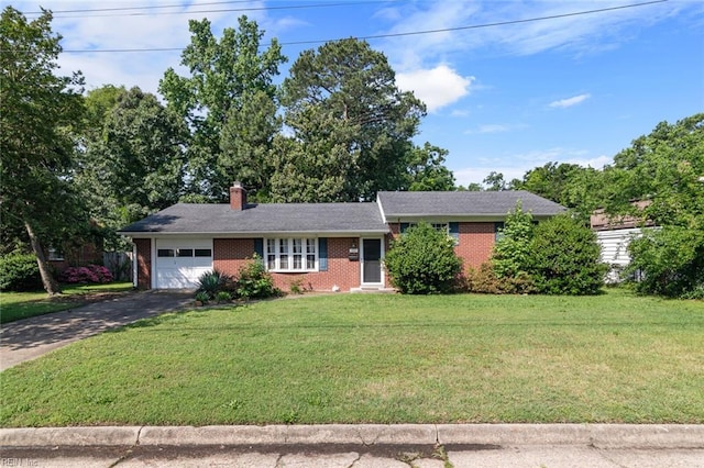 102 Basswood Dr, Newport News, VA 23601 - ranch-style house featuring a garage, brick siding, asphalt driveway, a front lawn, and a chimney