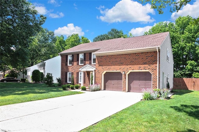 colonial house featuring brick siding, driveway, and an attached garage