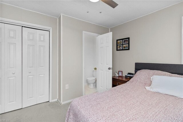150 Ridge Rd, Poquoson, VA 23662 - bedroom with light colored carpet, a closet, a ceiling fan, and baseboards