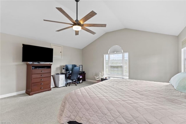 150 Ridge Rd, Poquoson, VA 23662 - bedroom with multiple windows, vaulted ceiling, carpet floors, ceiling fan, and baseboards