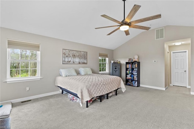 150 Ridge Rd, Poquoson, VA 23662 - bedroom with lofted ceiling, baseboards, light carpet, and ceiling fan