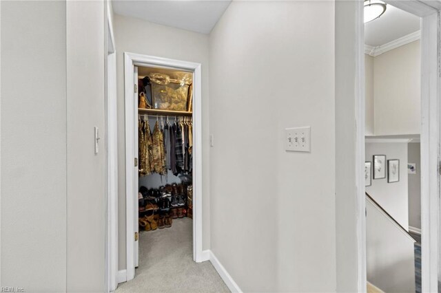 150 Ridge Rd, Poquoson, VA 23662 - corridor featuring light colored carpet, baseboards, and crown molding