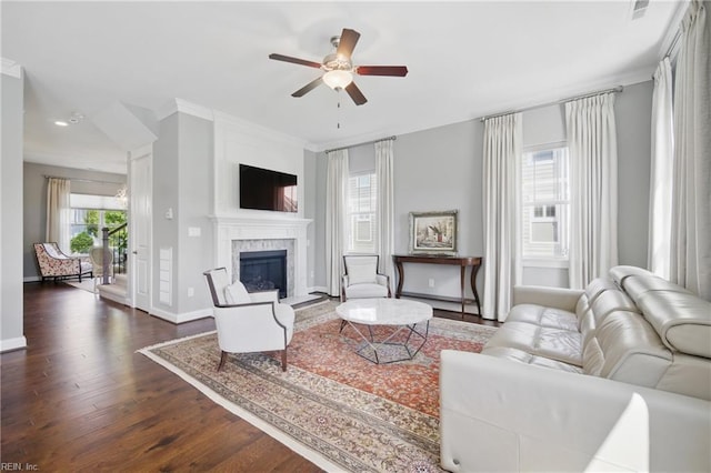 2244 Rio Rancho Dr, Virginia Beach, VA 23456 - living room featuring a ceiling fan, wood finished floors, a fireplace, baseboards, and recessed lighting