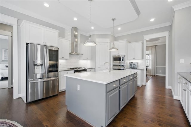 2244 Rio Rancho Dr, Virginia Beach, VA 23456 - kitchen with stainless steel appliances, wall chimney range hood, gray cabinetry, white cabinets, and dark wood-style floors