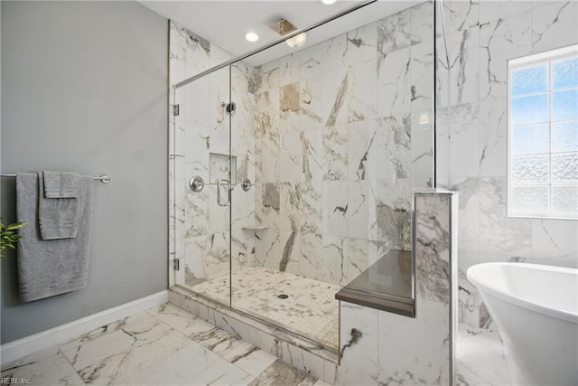 2244 Rio Rancho Dr, Virginia Beach, VA 23456 - full bathroom featuring marble look tiles, a marble finish shower, a freestanding tub, and recessed lighting