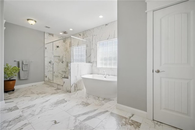 2244 Rio Rancho Dr, Virginia Beach, VA 23456 - full bathroom with a marble finish shower, a soaking tub, baseboards, marble finish flooring, and recessed lighting