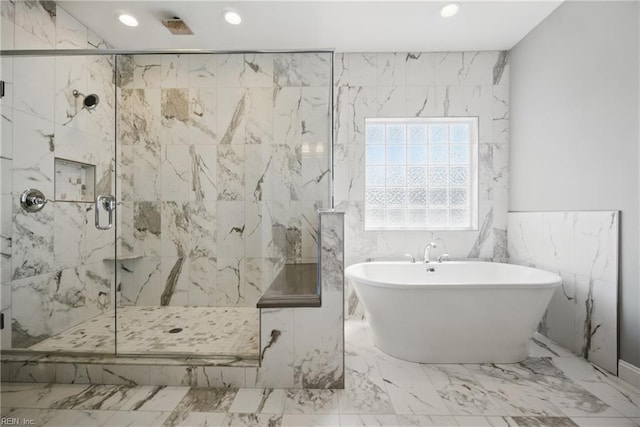 2244 Rio Rancho Dr, Virginia Beach, VA 23456 - full bathroom with a freestanding bath, a marble finish shower, tile walls, marble finish flooring, and recessed lighting