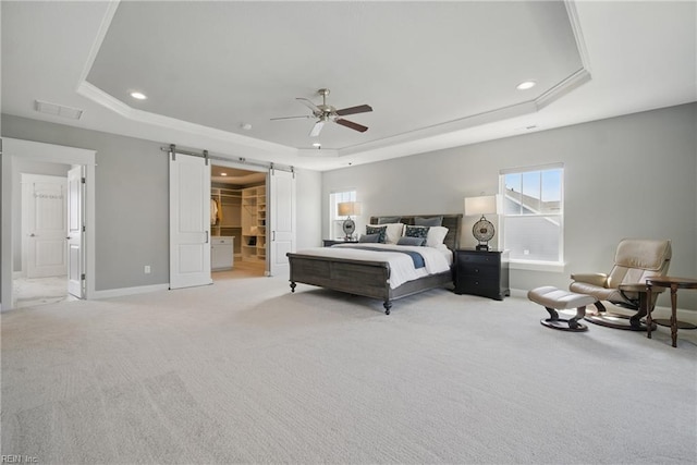 2244 Rio Rancho Dr, Virginia Beach, VA 23456 - bedroom featuring a raised ceiling, baseboards, light colored carpet, recessed lighting, and a barn door