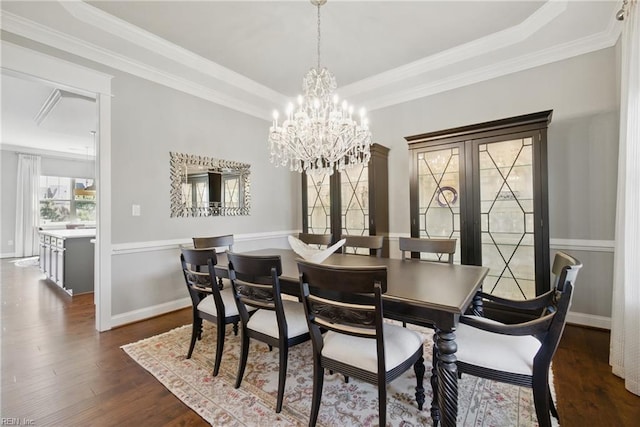2244 Rio Rancho Dr, Virginia Beach, VA 23456 - dining area featuring dark wood-type flooring, french doors, ornamental molding, a chandelier, and a tray ceiling