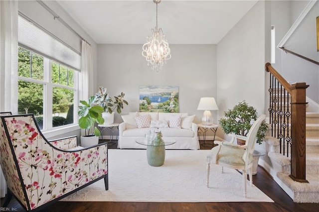 2244 Rio Rancho Dr, Virginia Beach, VA 23456 - living area with stairway, a chandelier, and wood finished floors