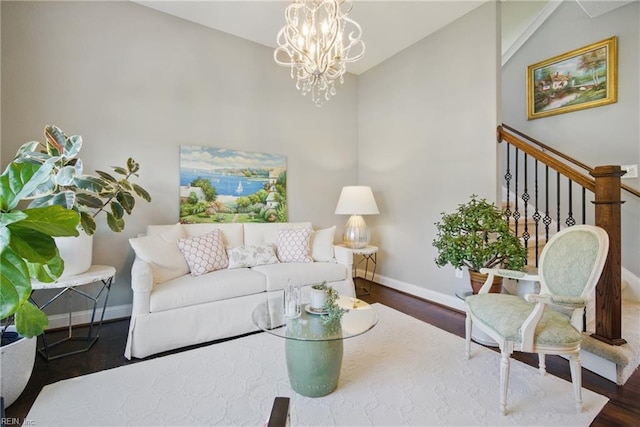 2244 Rio Rancho Dr, Virginia Beach, VA 23456 - living room featuring baseboards, wood finished floors, a chandelier, and high vaulted ceiling