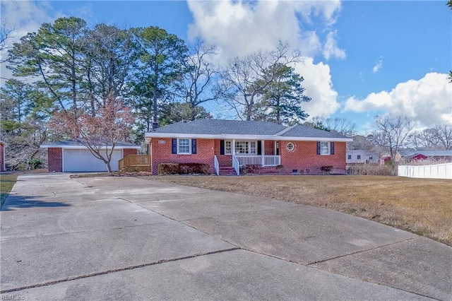 ranch-style home featuring covered porch, brick siding, an outdoor structure, concrete driveway, and a garage