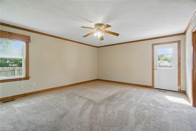 1121 Vineyard Dr, Chesapeake, VA 23322 - unfurnished room with light carpet, a ceiling fan, baseboards, and crown molding