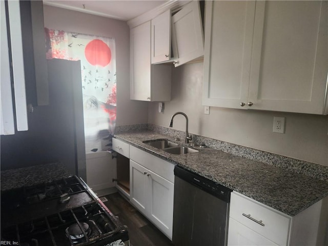 106 Clyde St, Hampton, VA 23669 - kitchen with stainless steel dishwasher, a sink, gas range oven, white cabinets, and dark wood-style floors
