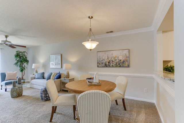 3857 Lasalle Dr Unit 102, Virginia Beach, VA 23453 - dining area featuring carpet floors, a ceiling fan, crown molding, and baseboards