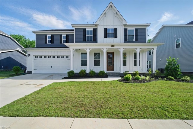 1028 Egret Ln, Suffolk, VA 23434 - modern farmhouse style home featuring board and batten siding, driveway, a porch, a garage, and a front yard