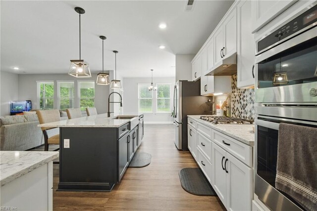 1028 Egret Ln, Suffolk, VA 23434 - kitchen with under cabinet range hood, stainless steel appliances, a sink, dark wood-style flooring, and white cabinets