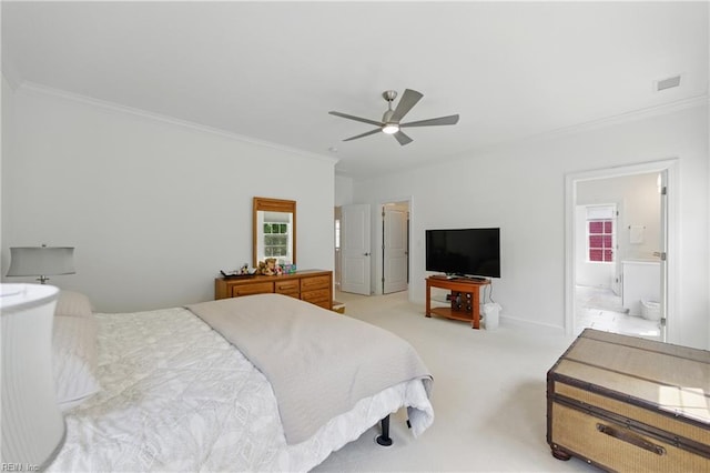 605 Middleton Way, Chesapeake, VA 23322 - bedroom featuring crown molding, light colored carpet, ceiling fan, and ensuite bathroom