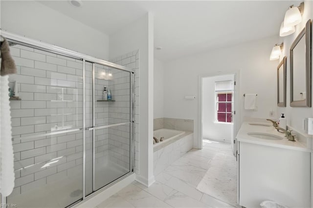 605 Middleton Way, Chesapeake, VA 23322 - bathroom featuring marble look tile flooring, a bath, a shower stall, and double vanity