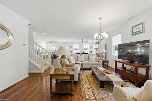 605 Middleton Way, Chesapeake, VA 23322 - living area featuring stairs, wood finished floors, crown molding, baseboards, and a ceiling fan