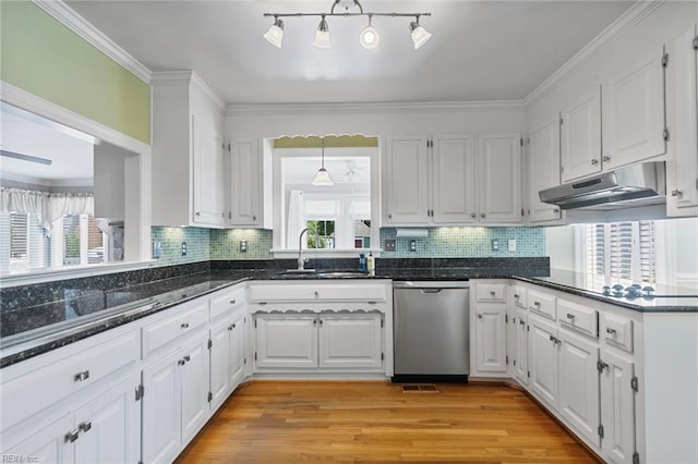 kitchen featuring stainless steel dishwasher, a sink, under cabinet range hood, black electric stovetop, and white cabinetry