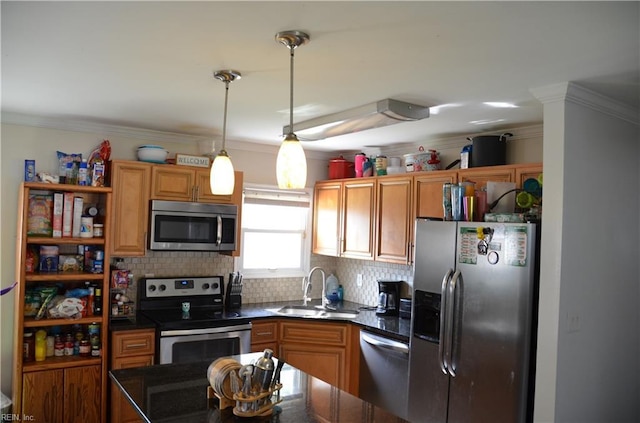 703 Houston Ave, Hampton, VA 23669 - kitchen featuring stainless steel appliances, a sink, crown molding, decorative backsplash, and open shelves