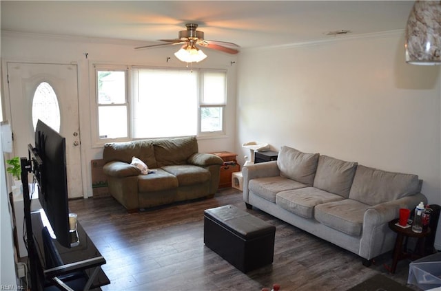 703 Houston Ave, Hampton, VA 23669 - living area with ceiling fan, dark wood finished floors, and crown molding