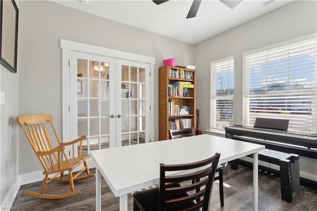 110 Sea Hero Ct, Suffolk, VA 23435 - office with dark wood finished floors, french doors, and a ceiling fan