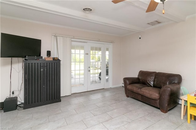 101 Stadium Dr, Chesapeake, VA 23322 - living area with french doors, crown molding, beam ceiling, ceiling fan, and a baseboard heating unit