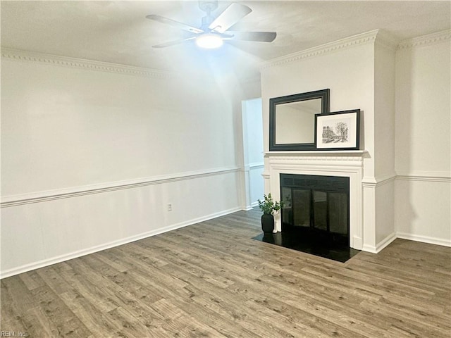 9 King George Quay Quay, Chesapeake, VA 23325 - unfurnished living room with ceiling fan, wood finished floors, a fireplace with flush hearth, crown molding, and baseboards