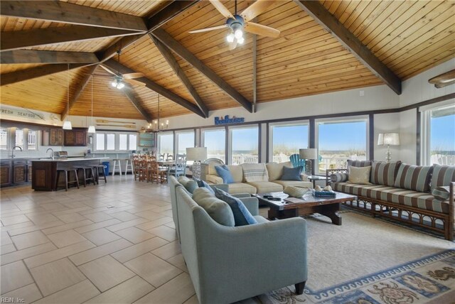 3616 Sandfiddler Rd, Virginia Beach, VA 23456 - living room featuring wooden ceiling with exposed beams, ceiling fan, a chandelier, plenty of natural light, and high vaulted ceiling