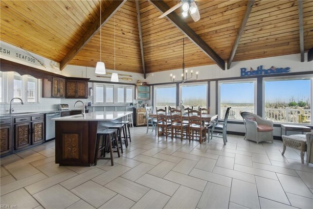 3616 Sandfiddler Rd, Virginia Beach, VA 23456 - kitchen featuring dishwasher, a sink, light countertops, a center island with sink, and wooden ceiling