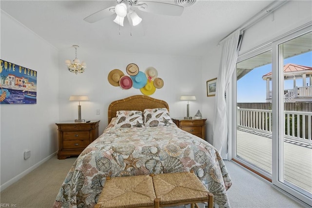 3616 Sandfiddler Rd, Virginia Beach, VA 23456 - carpeted bedroom featuring access to outside, baseboards, a chandelier, and a ceiling fan