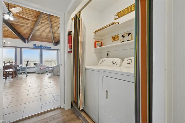 3616 Sandfiddler Rd, Virginia Beach, VA 23456 - laundry room featuring separate washer and dryer, wooden ceiling, and a ceiling fan