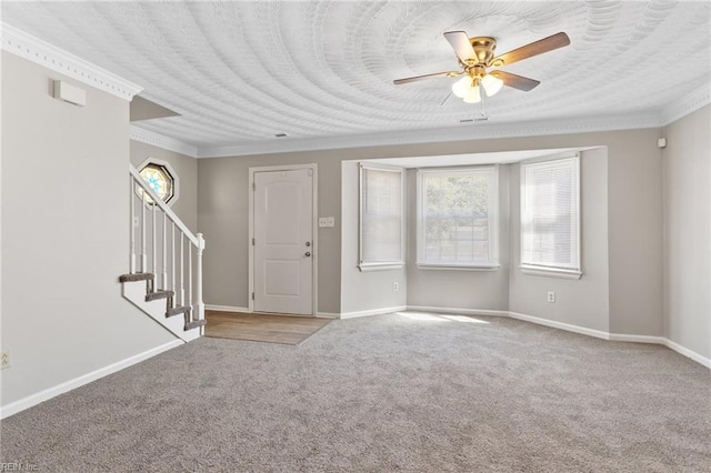 1048 Wilmington St, Norfolk, VA 23505 - foyer with carpet flooring, ornamental molding, ceiling fan, stairway, and baseboards
