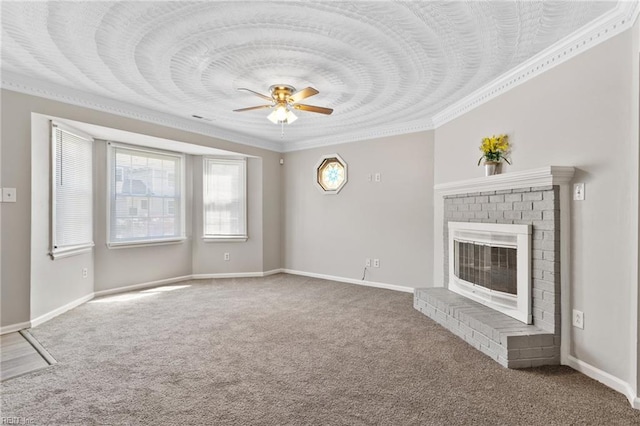 1048 Wilmington St, Norfolk, VA 23505 - unfurnished living room featuring a ceiling fan, ornamental molding, carpet floors, a brick fireplace, and baseboards