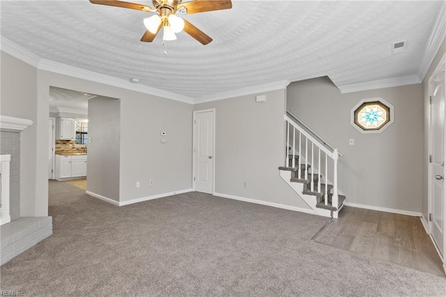 1048 Wilmington St, Norfolk, VA 23505 - unfurnished living room with ceiling fan, stairway, carpet, ornamental molding, and a fireplace