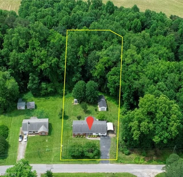 31154 Cardinal Ave, Franklin, VA 23851 - aerial view of property and surrounding area featuring property parcel outlined and a forest