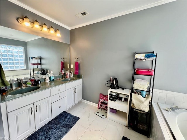 bathroom featuring ornamental molding, tiled tub, marble look tile flooring, and double vanity