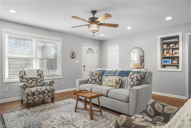 28111 Harbor Rd, Melfa, VA 23410 - living area featuring a ceiling fan, recessed lighting, baseboards, and wood finished floors
