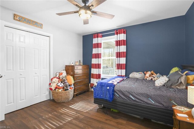 28111 Harbor Rd, Melfa, VA 23410 - bedroom featuring a closet, wood finished floors, and a ceiling fan