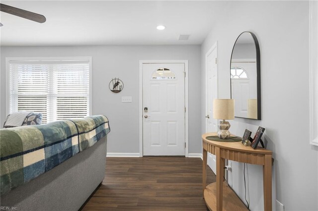 28111 Harbor Rd, Melfa, VA 23410 - foyer featuring dark wood-style flooring, recessed lighting, ceiling fan, and baseboards